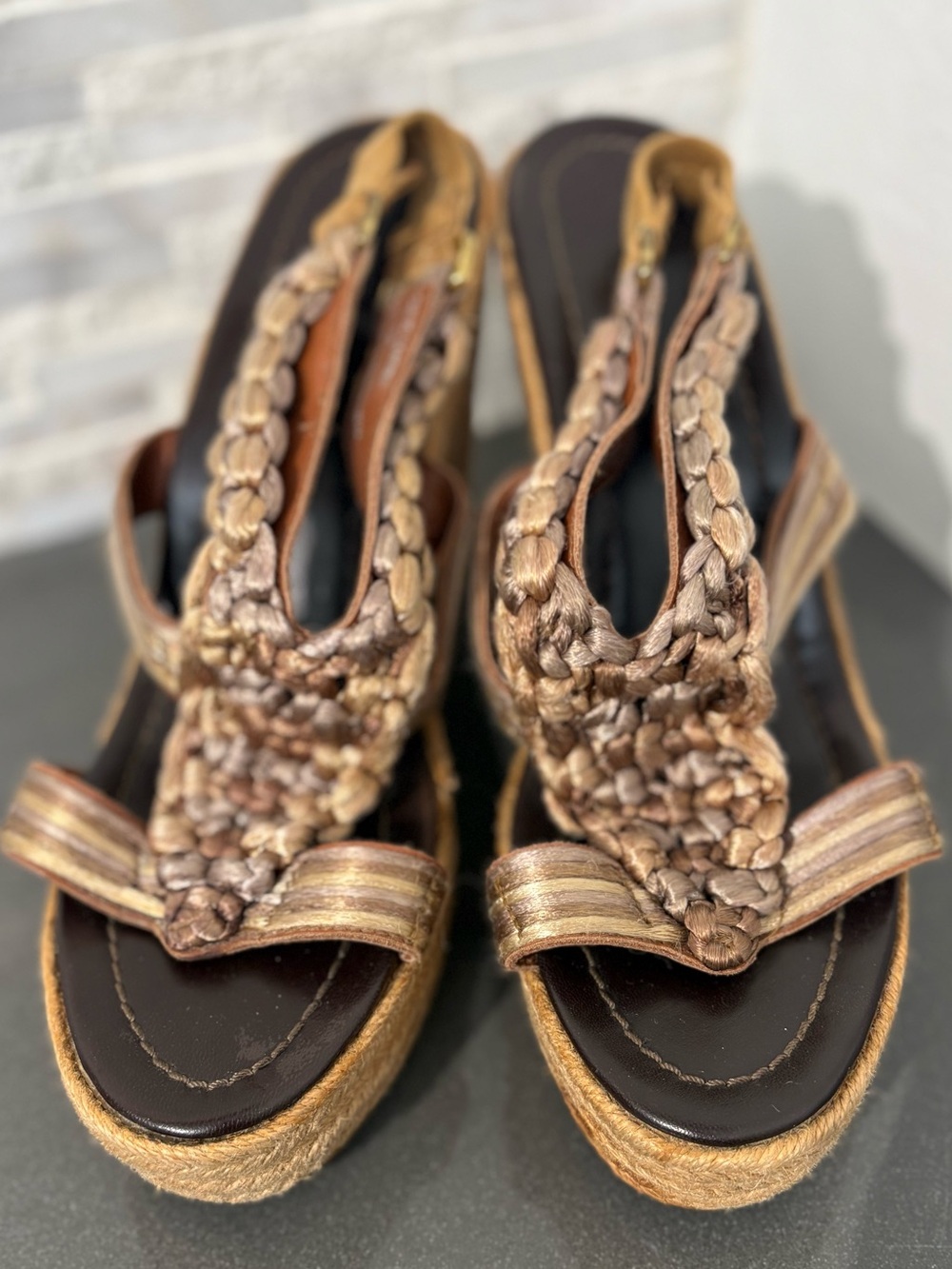Bacio 61 silk gold and tan brown espadrille wedges